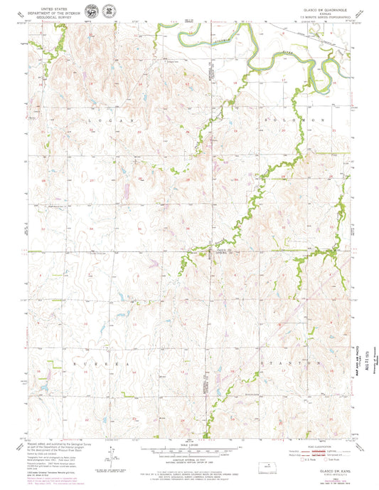 Classic USGS Glasco SW Kansas 7.5'x7.5' Topo Map Image