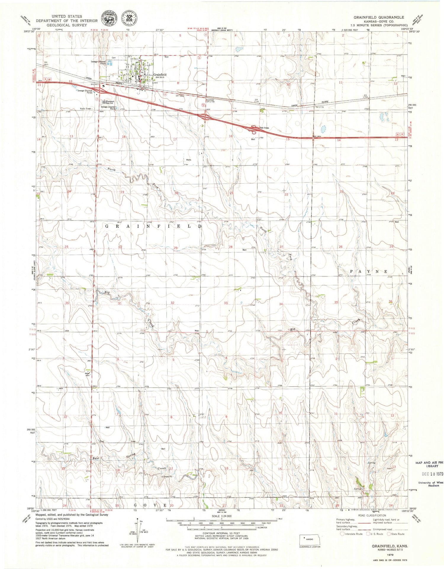 Classic USGS Grainfield Kansas 7.5'x7.5' Topo Map Image