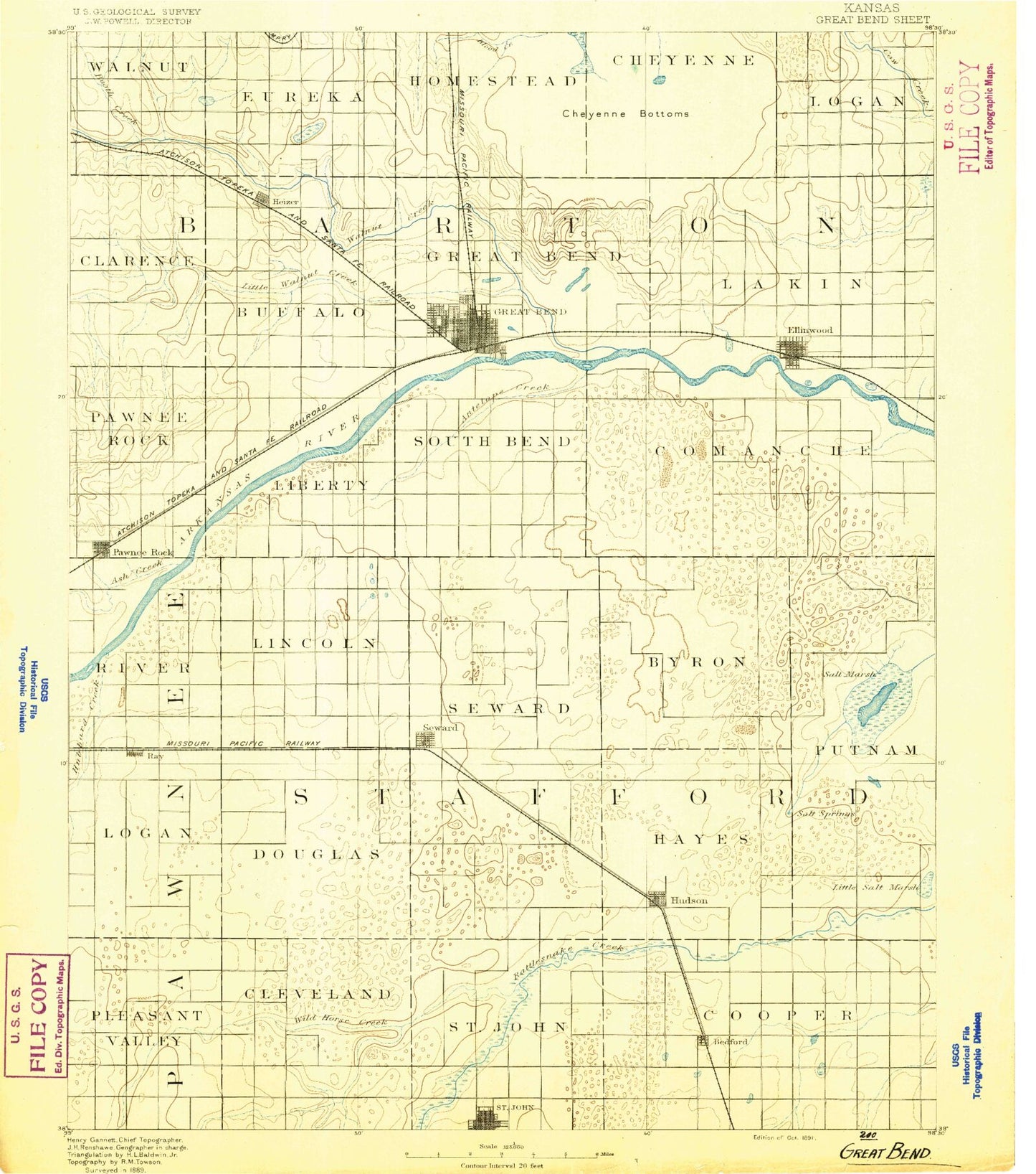 Historic 1891 Great Bend Kansas 30'x30' Topo Map Image