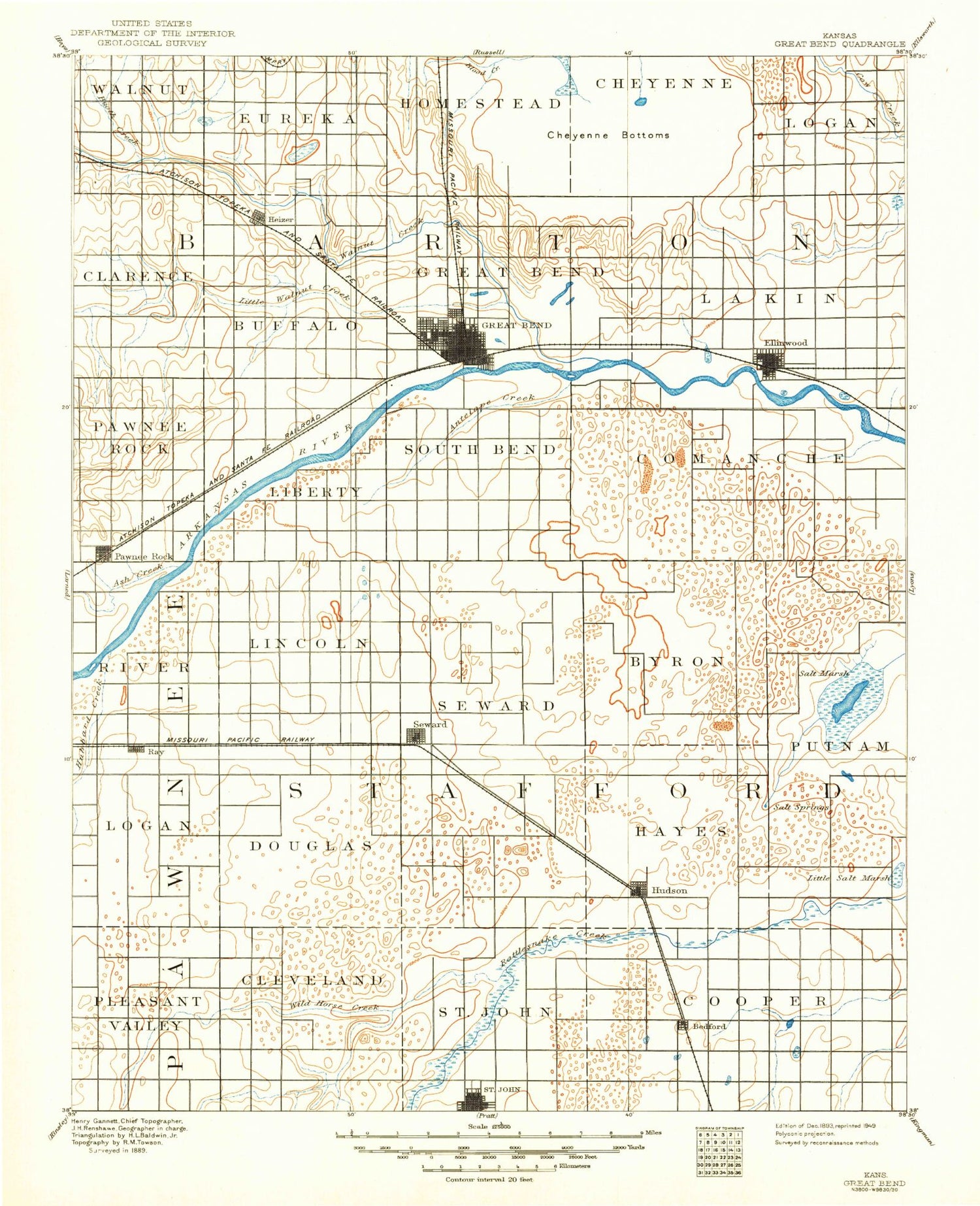 Historic 1893 Great Bend Kansas 30'x30' Topo Map Image