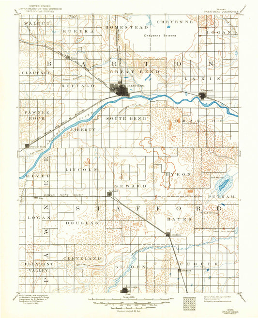 Historic 1893 Great Bend Kansas 30'x30' Topo Map Image