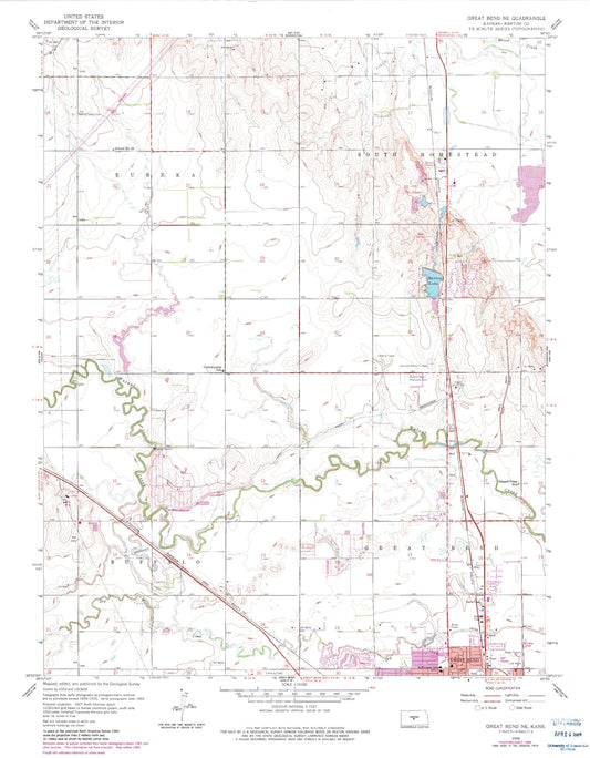 Classic USGS Great Bend NE Kansas 7.5'x7.5' Topo Map Image