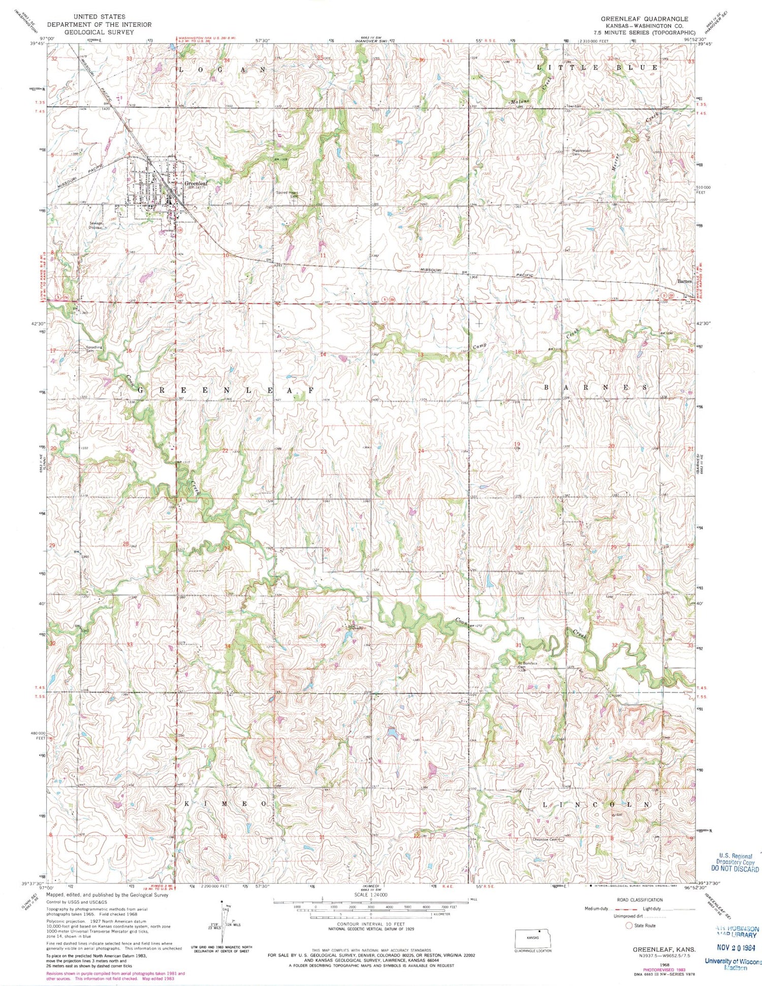 Classic USGS Greenleaf Kansas 7.5'x7.5' Topo Map Image