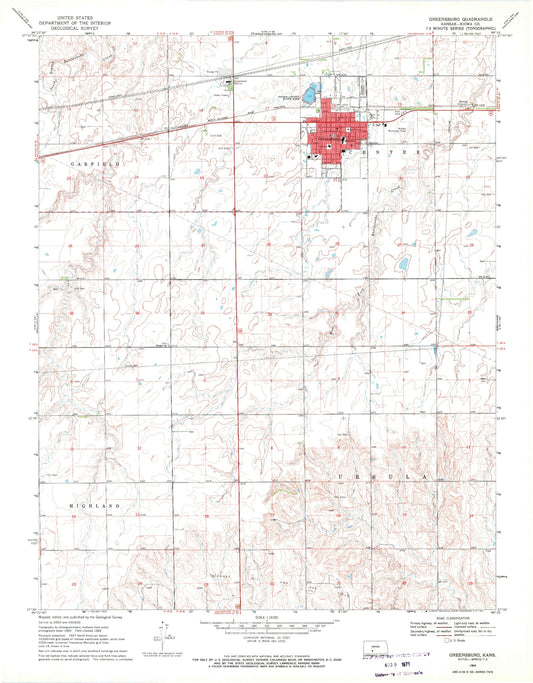 Classic USGS Greensburg Kansas 7.5'x7.5' Topo Map Image