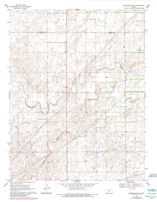 Classic USGS Greensburg NE Kansas 7.5'x7.5' Topo Map Image