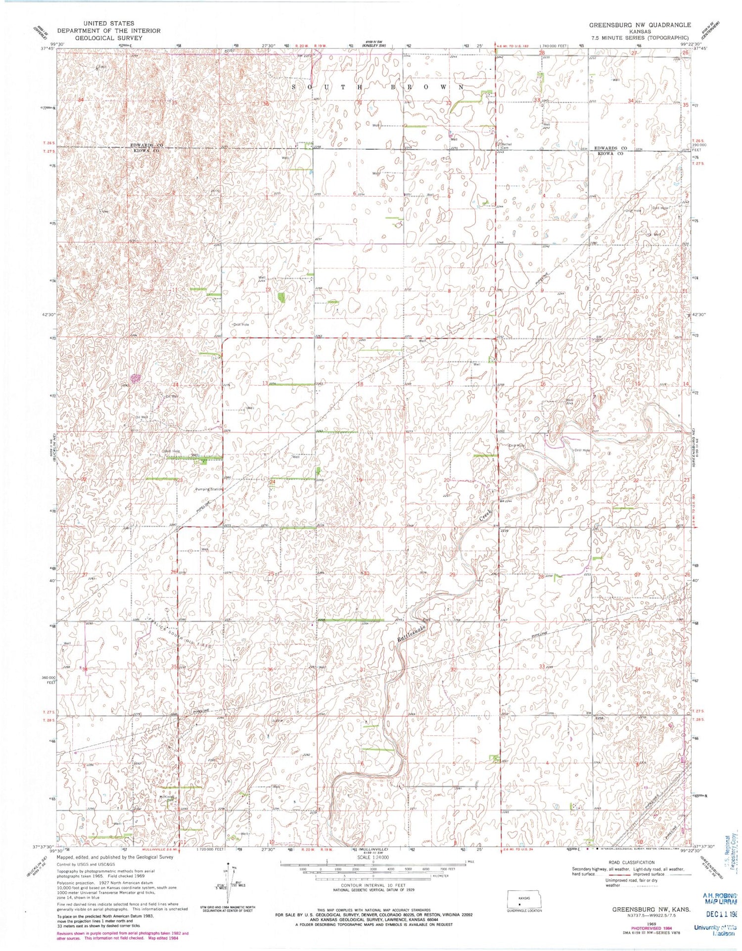 Classic USGS Greensburg NW Kansas 7.5'x7.5' Topo Map Image