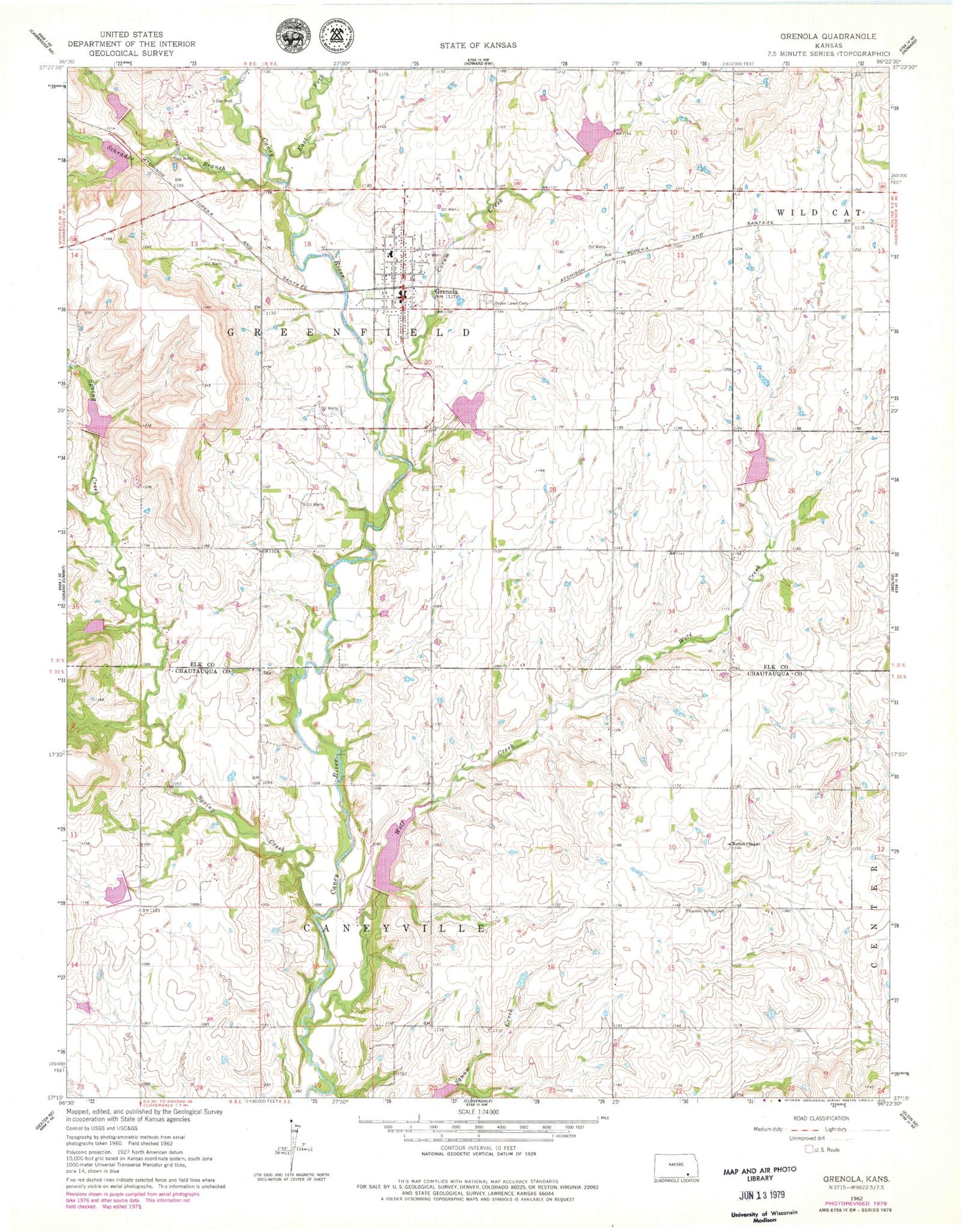 Classic USGS Grenola Kansas 7.5'x7.5' Topo Map Image