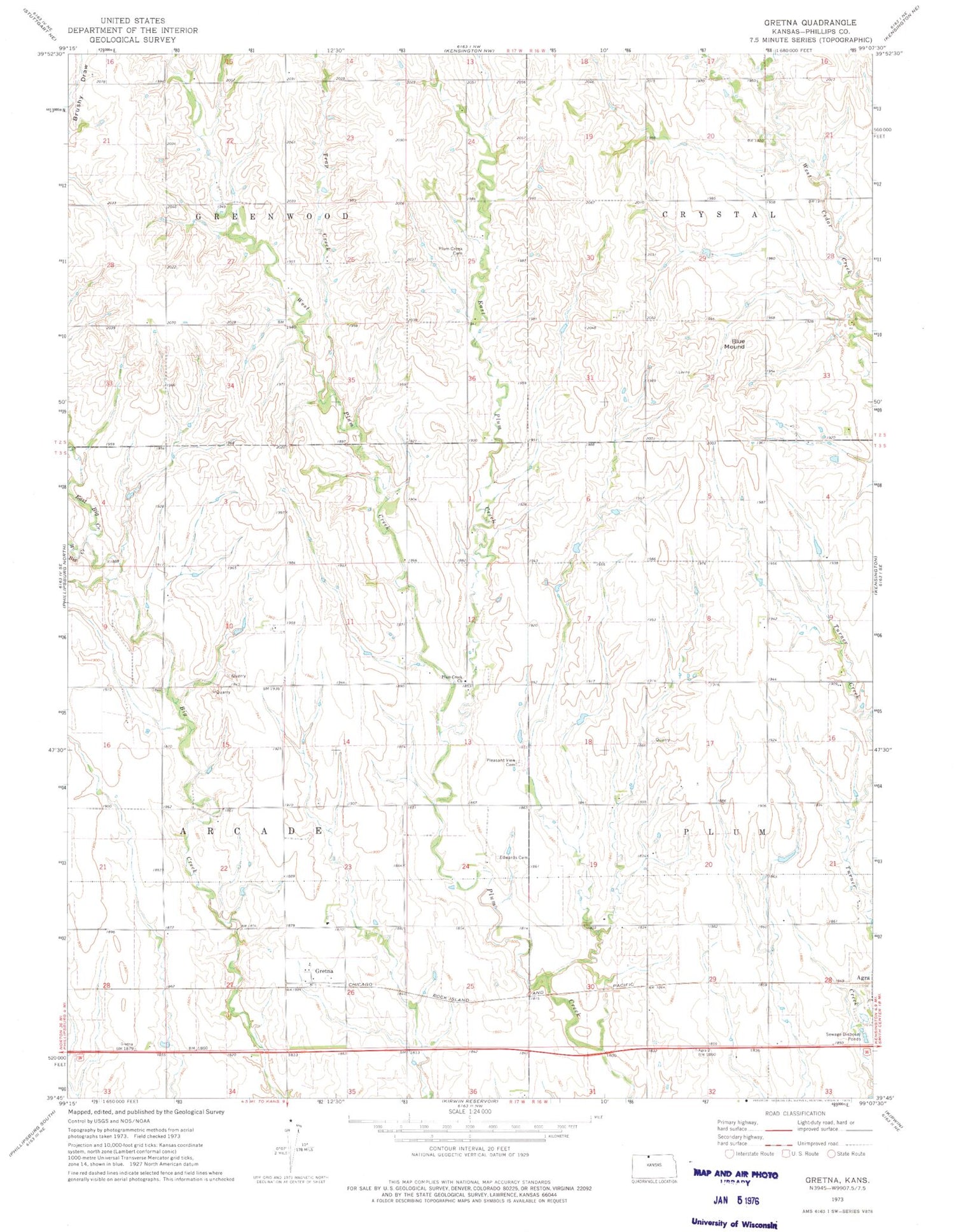 Classic USGS Gretna Kansas 7.5'x7.5' Topo Map Image