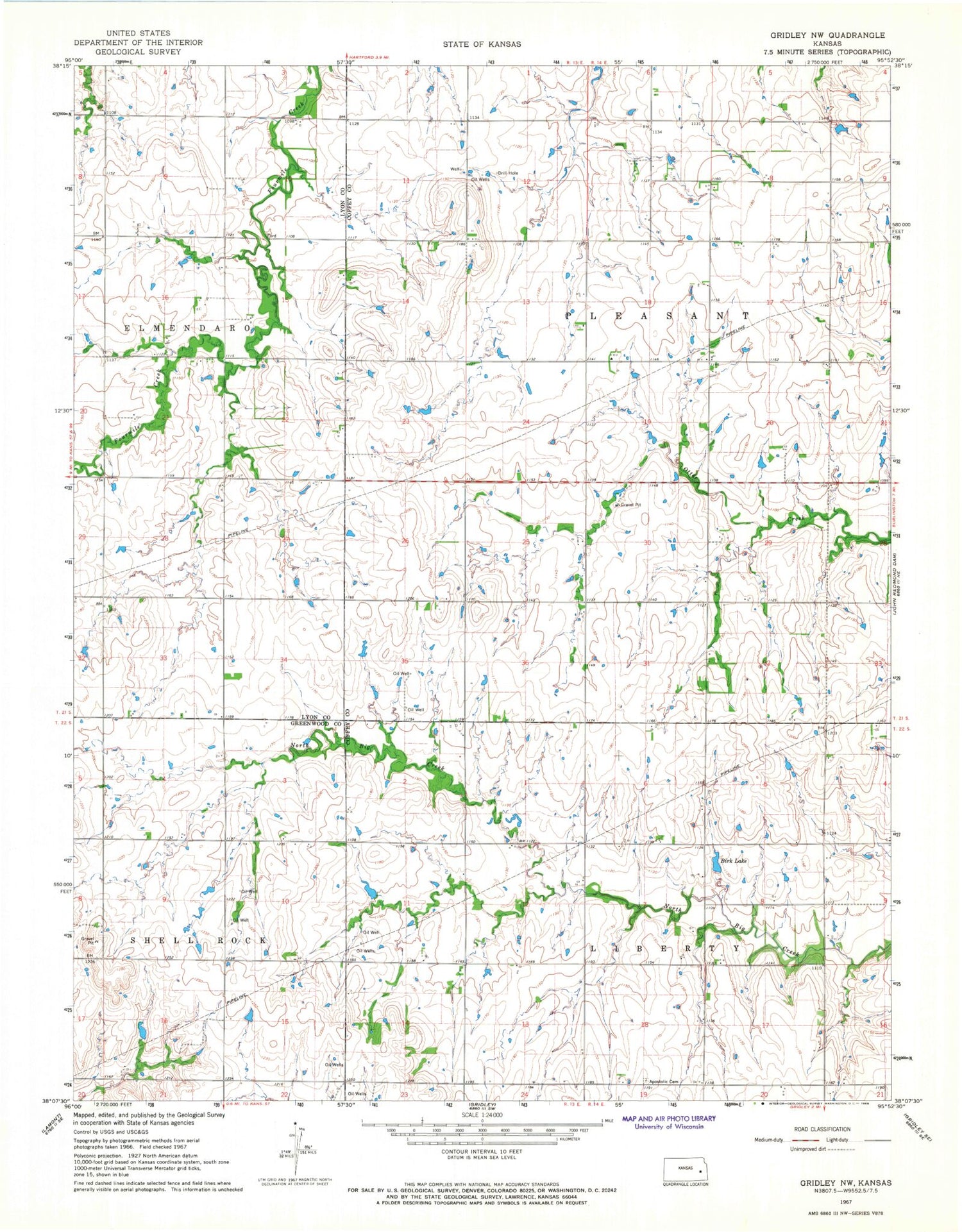 Classic USGS Gridley NW Kansas 7.5'x7.5' Topo Map Image