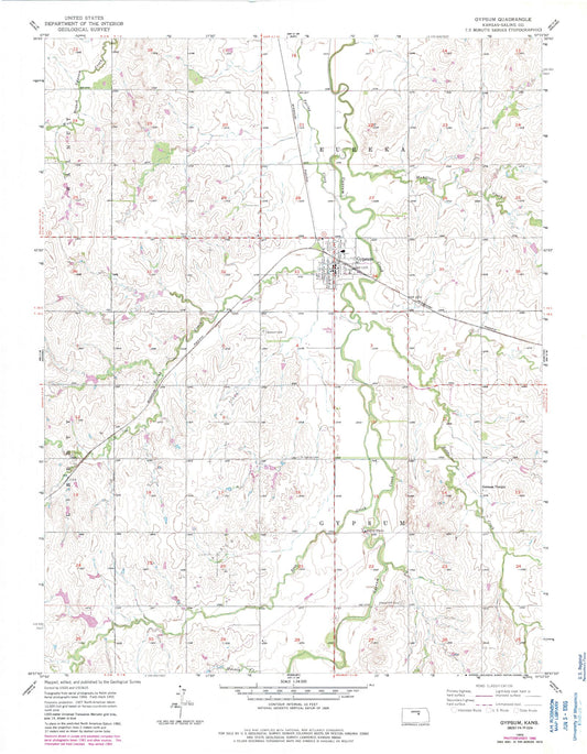Classic USGS Gypsum Kansas 7.5'x7.5' Topo Map Image