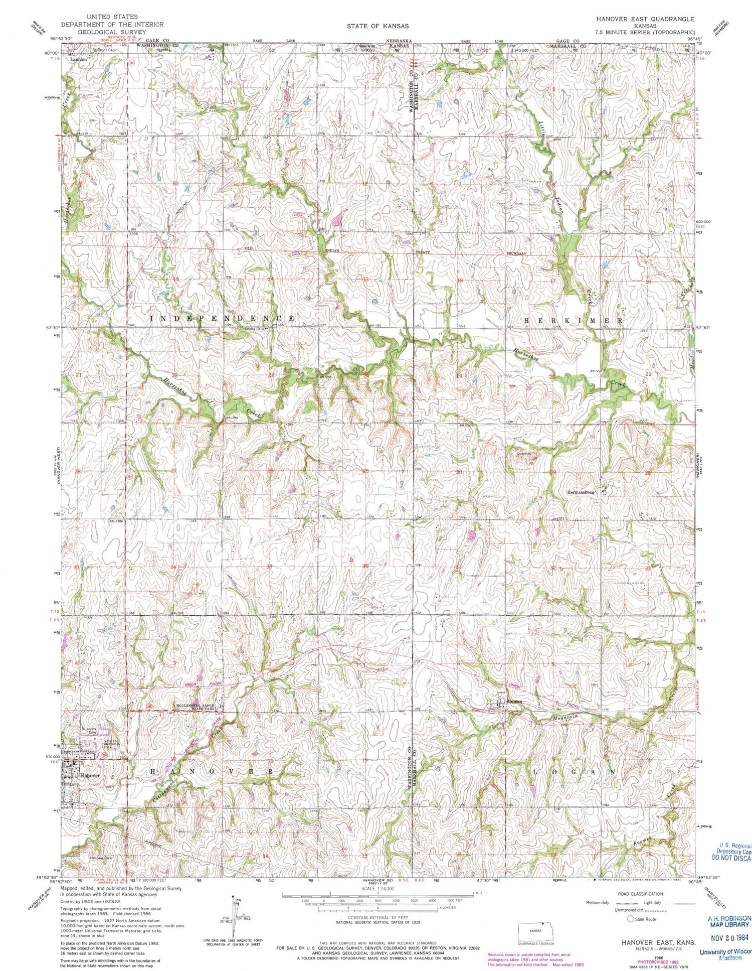 Classic USGS Hanover East Kansas 7.5'x7.5' Topo Map Image