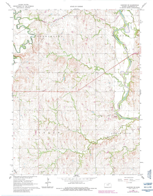 Classic USGS Hanover SW Kansas 7.5'x7.5' Topo Map Image