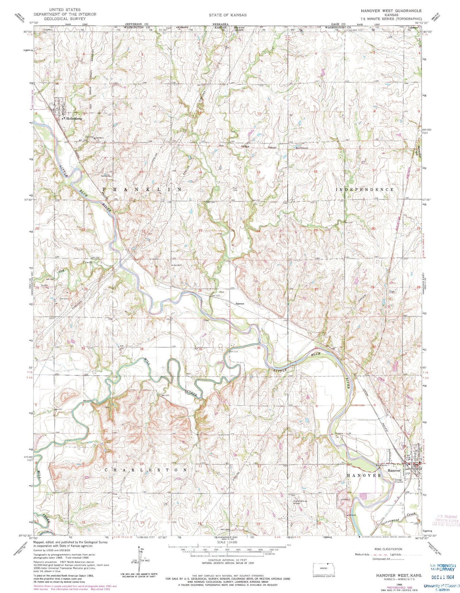 Classic USGS Hanover West Kansas 7.5'x7.5' Topo Map Image
