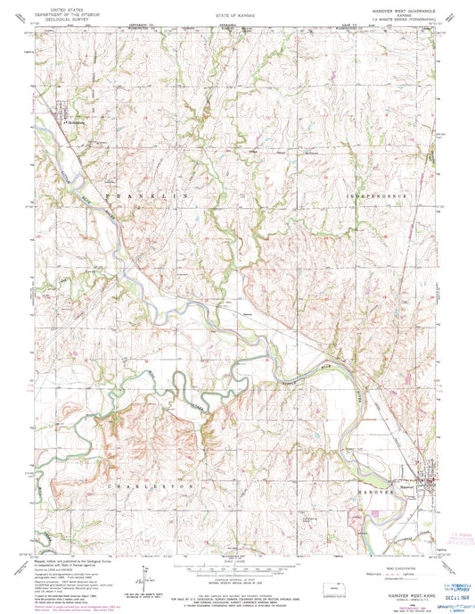 Classic USGS Hanover West Kansas 7.5'x7.5' Topo Map Image
