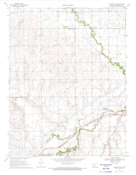 Classic USGS Hanston NW Kansas 7.5'x7.5' Topo Map Image