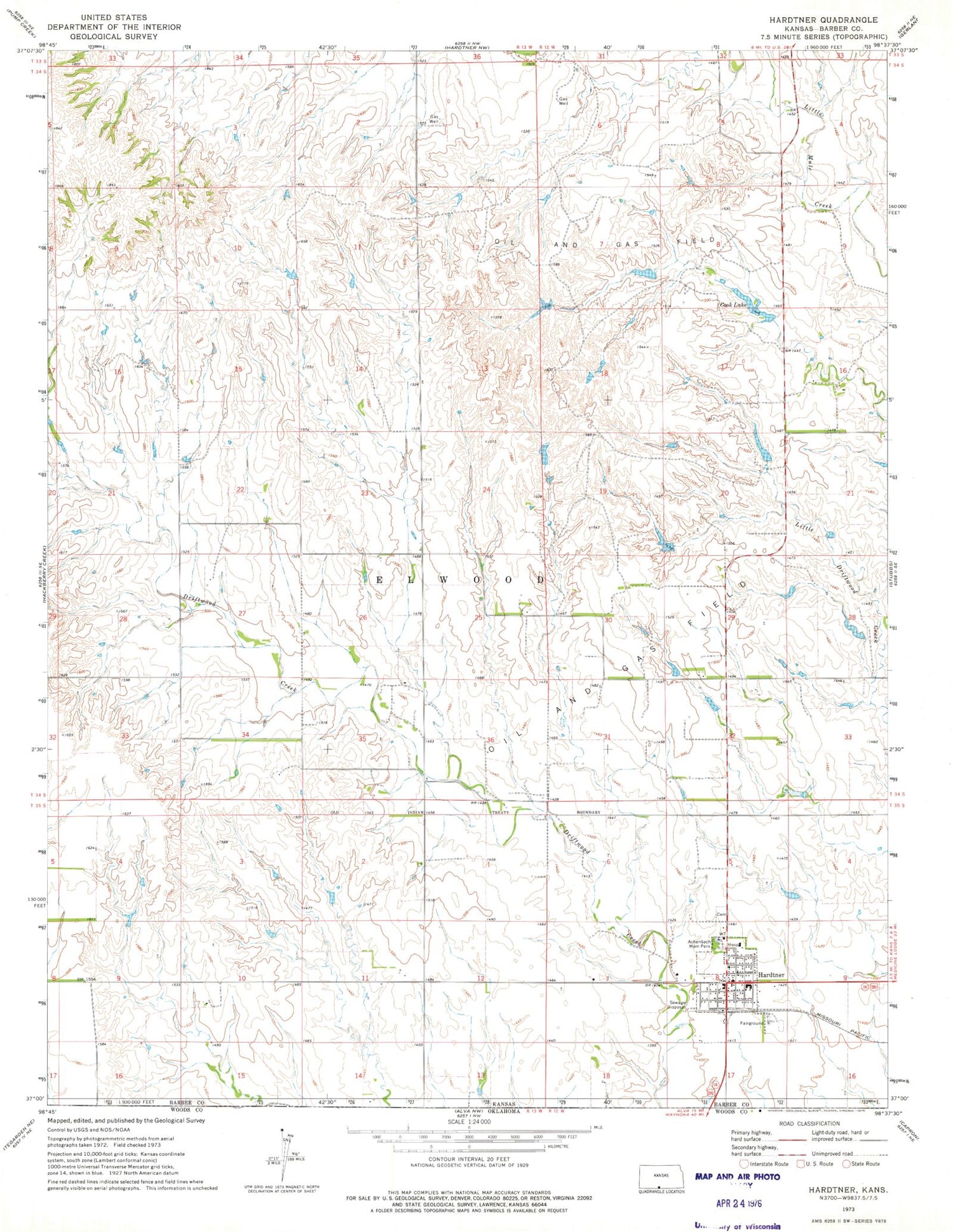 Classic USGS Hardtner Kansas 7.5'x7.5' Topo Map Image