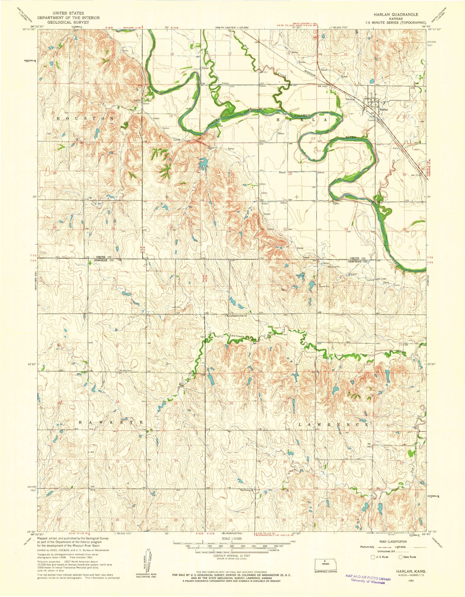 Classic USGS Harlan Kansas 7.5'x7.5' Topo Map Image