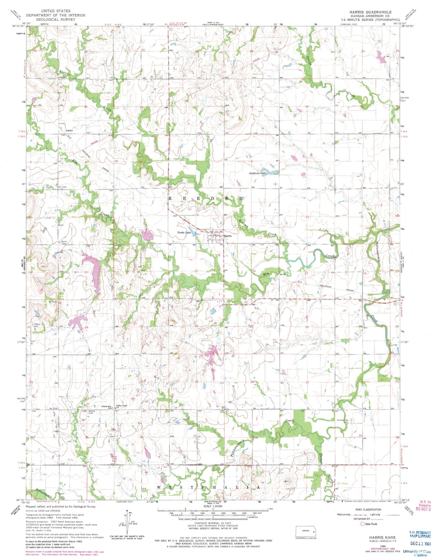 Classic USGS Harris Kansas 7.5'x7.5' Topo Map Image