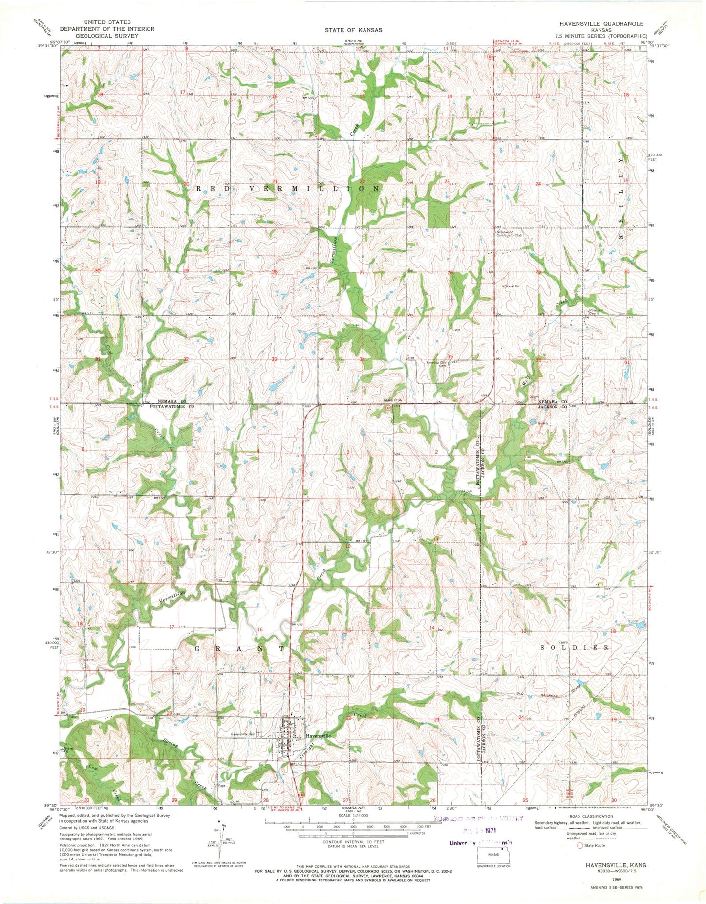 Classic USGS Havensville Kansas 7.5'x7.5' Topo Map Image