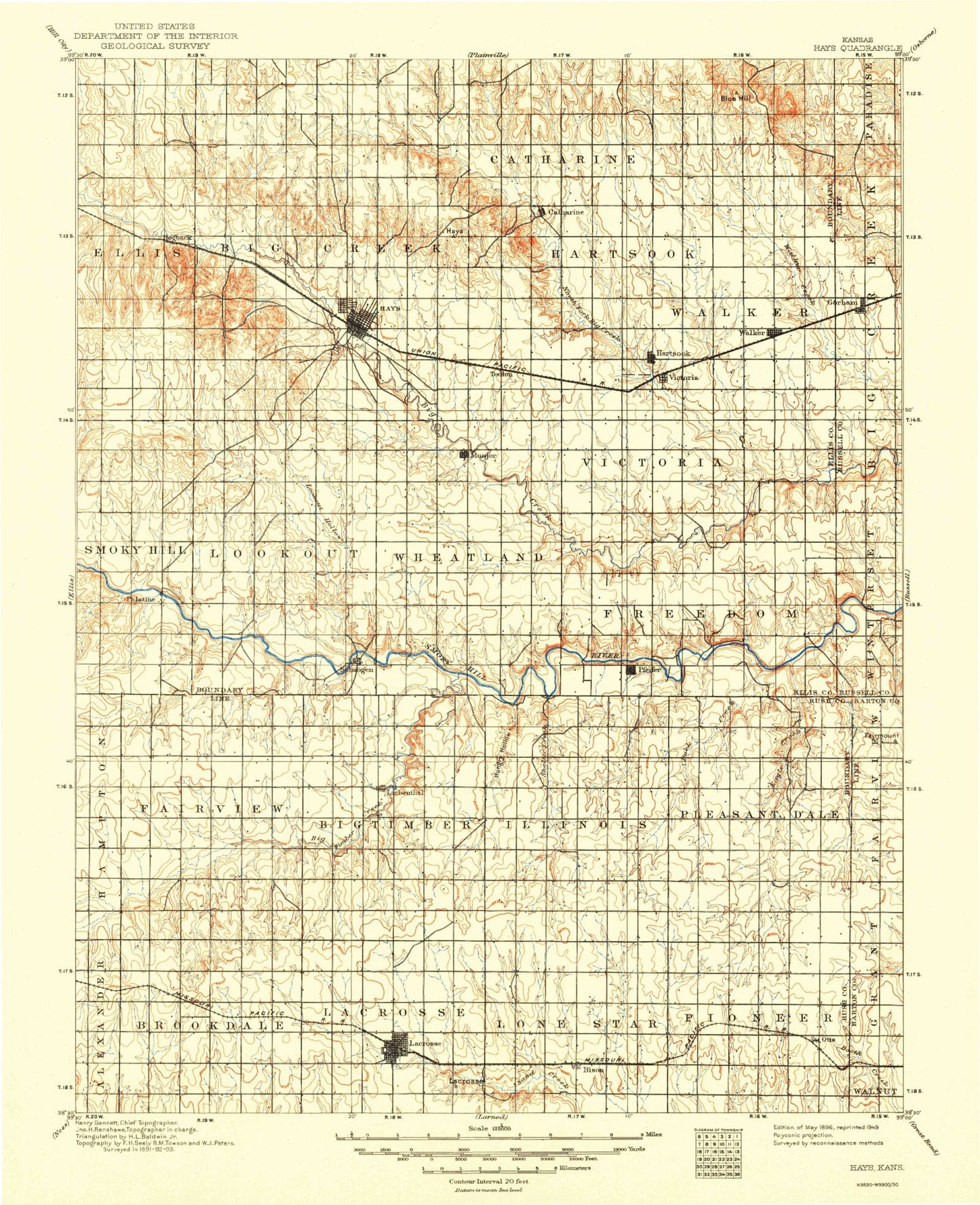 Historic 1896 Hays Kansas 30'x30' Topo Map Image