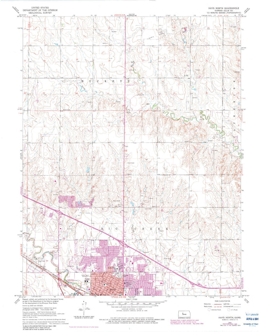 Classic USGS Hays North Kansas 7.5'x7.5' Topo Map Image
