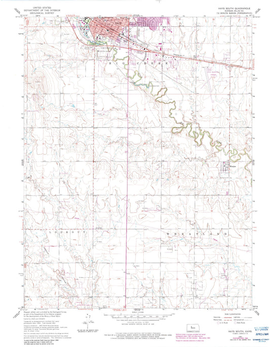 Classic USGS Hays South Kansas 7.5'x7.5' Topo Map Image