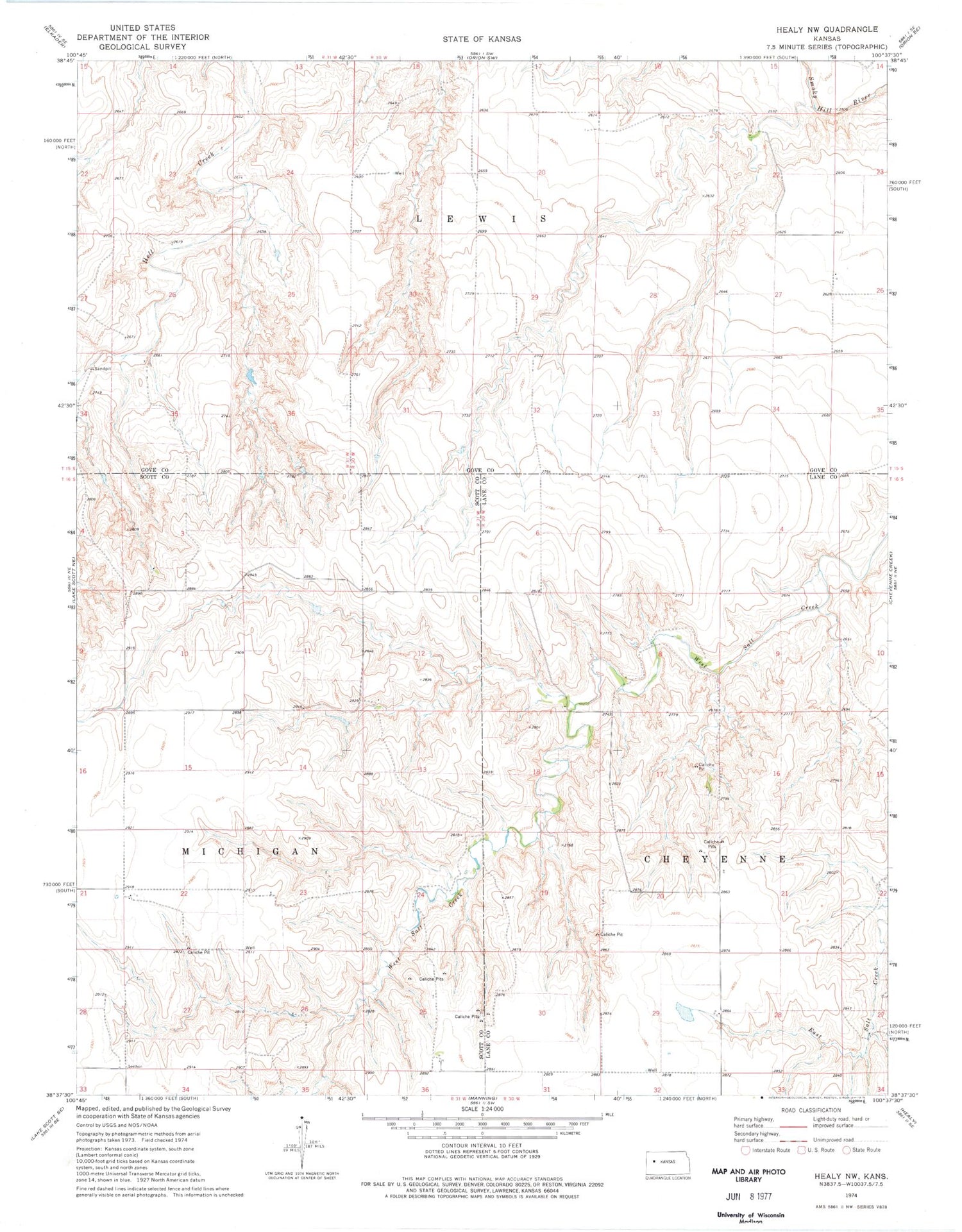 Classic USGS Healy NW Kansas 7.5'x7.5' Topo Map Image
