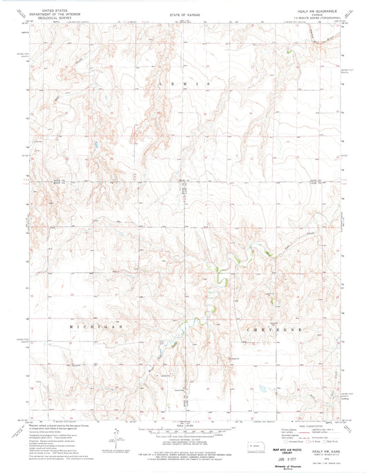 Classic USGS Healy NW Kansas 7.5'x7.5' Topo Map Image