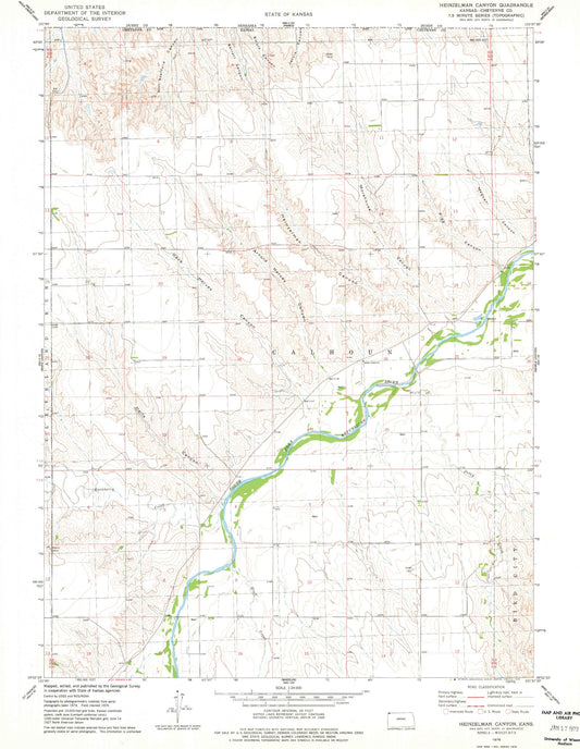 Classic USGS Heinzelman Canyon Kansas 7.5'x7.5' Topo Map Image