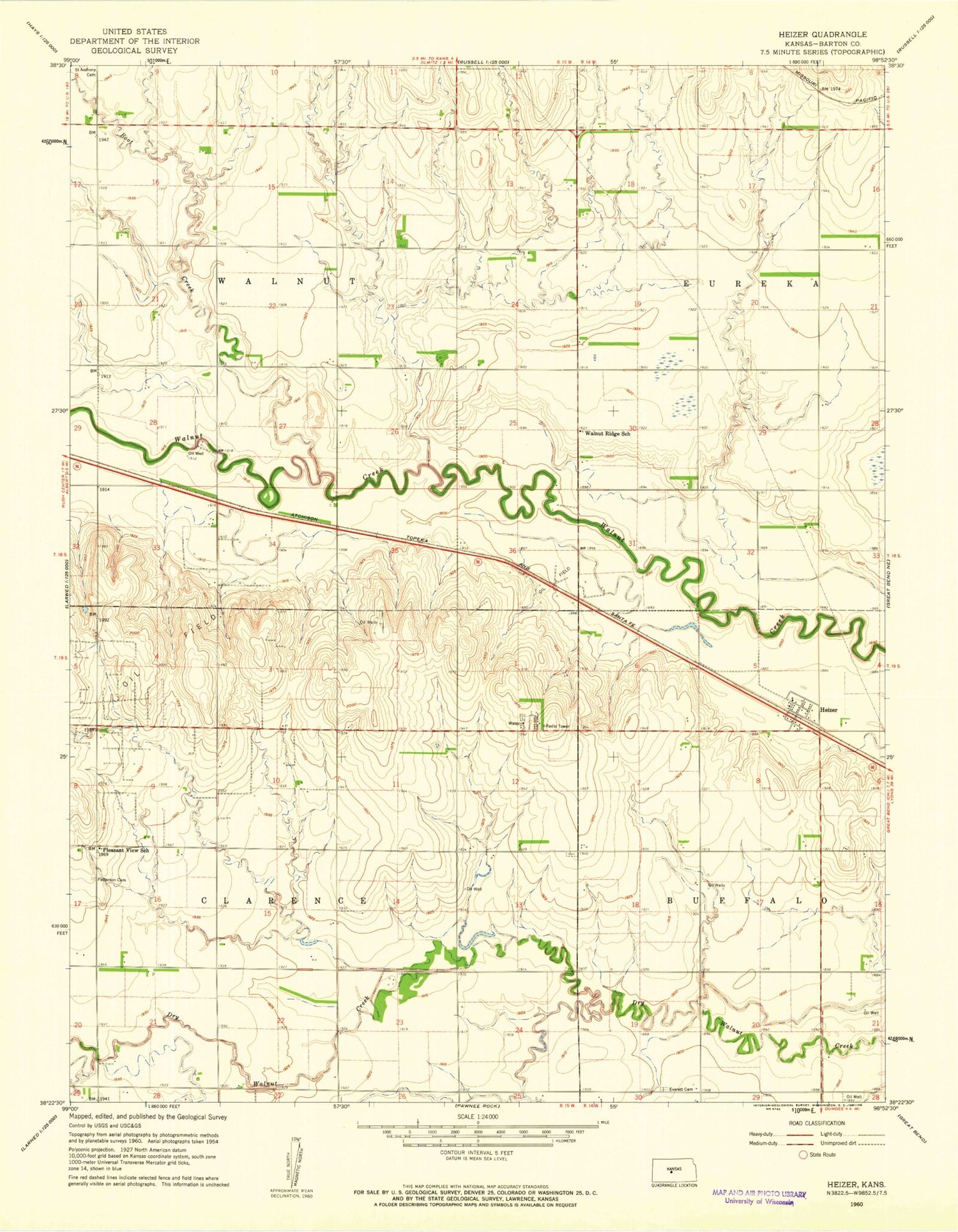 Classic USGS Heizer Kansas 7.5'x7.5' Topo Map Image