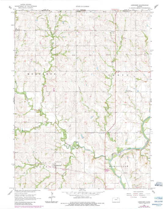 Classic USGS Herkimer Kansas 7.5'x7.5' Topo Map Image