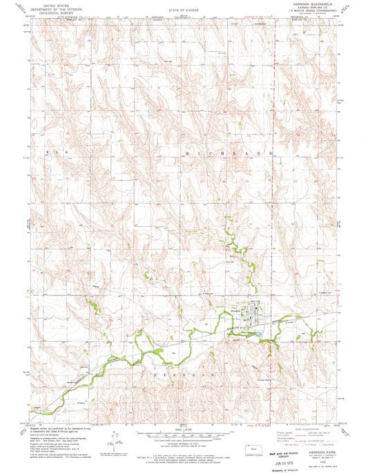 Classic USGS Herndon Kansas 7.5'x7.5' Topo Map Image