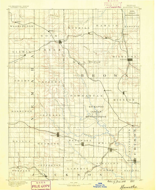 Historic 1888 Hiawatha Kansas 30'x30' Topo Map Image