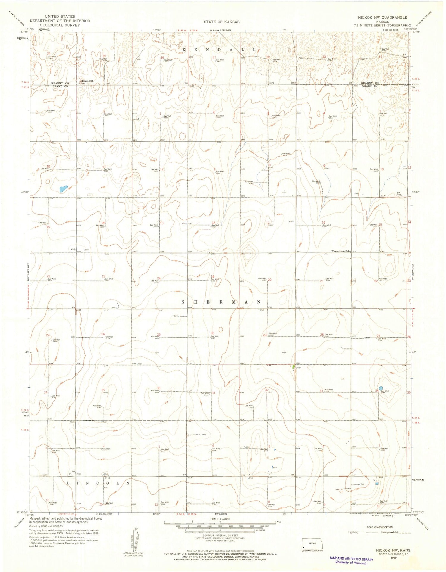 Classic USGS Hickok NW Kansas 7.5'x7.5' Topo Map Image