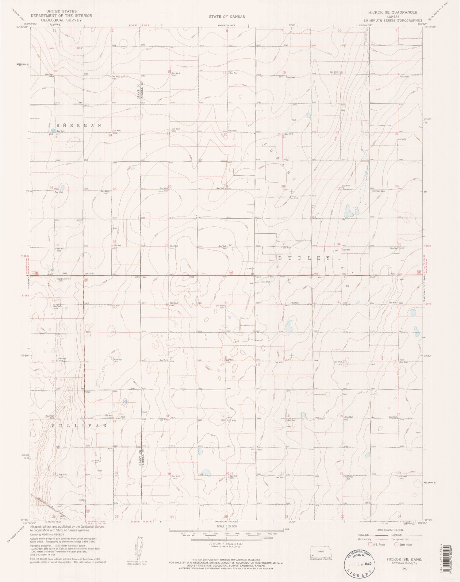 Classic USGS Hickok SE Kansas 7.5'x7.5' Topo Map Image
