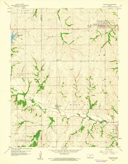 Classic USGS Highland Kansas 7.5'x7.5' Topo Map Image