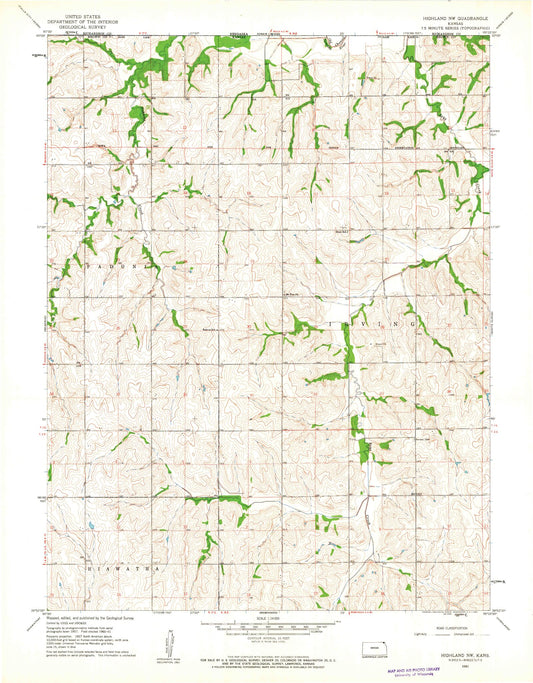 Classic USGS Highland NW Kansas 7.5'x7.5' Topo Map Image