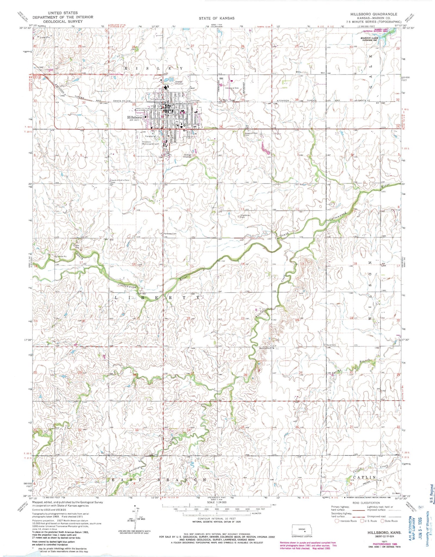 Classic USGS Hillsboro Kansas 7.5'x7.5' Topo Map Image