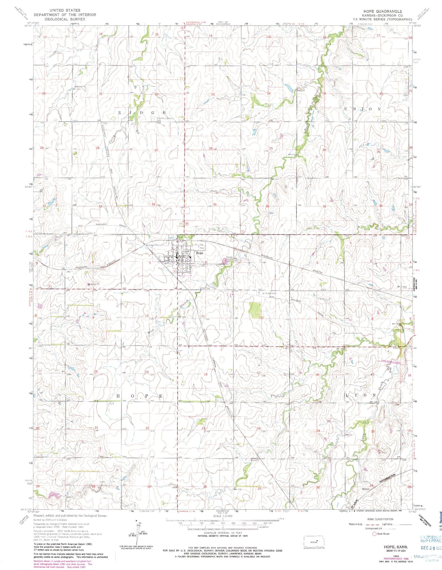 Classic USGS Hope Kansas 7.5'x7.5' Topo Map Image