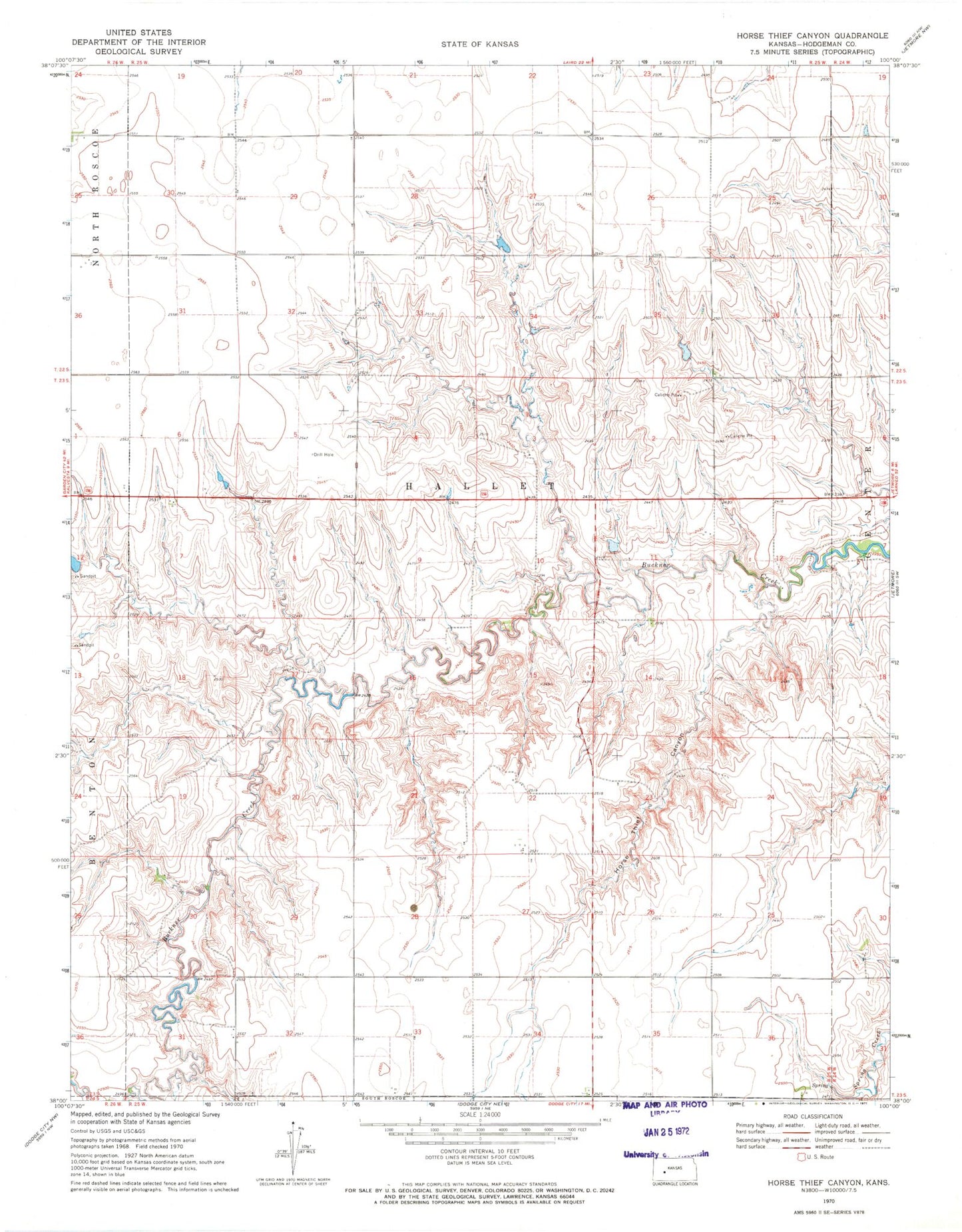 Classic USGS Horse Thief Canyon Kansas 7.5'x7.5' Topo Map Image