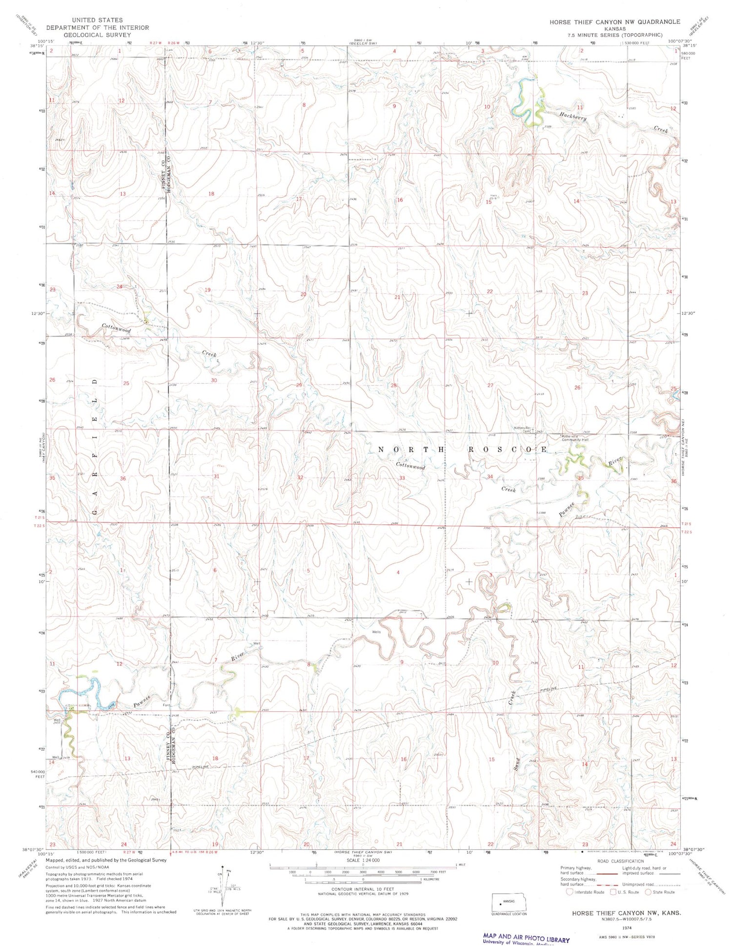 Classic USGS Horse Thief Canyon NW Kansas 7.5'x7.5' Topo Map Image
