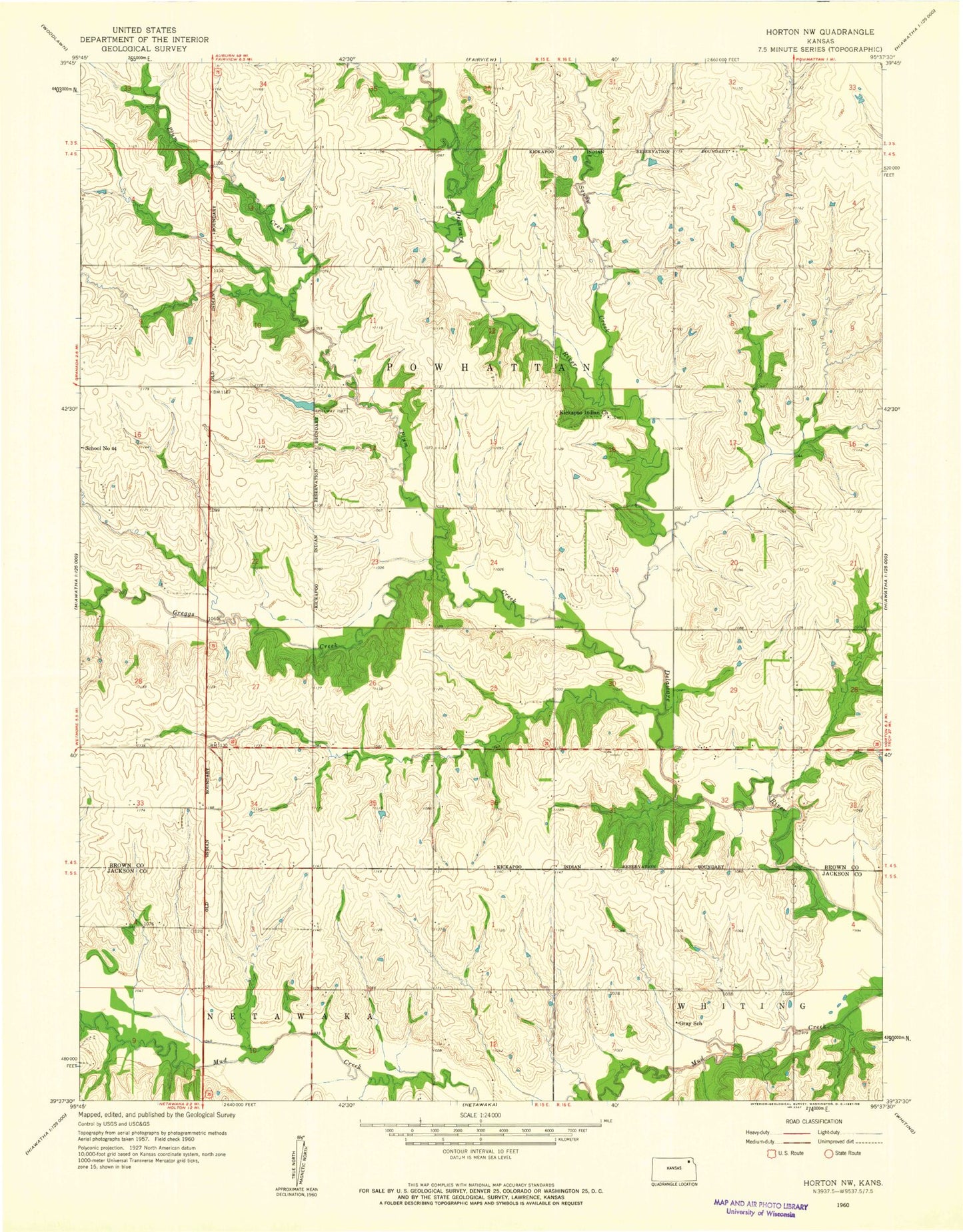 Classic USGS Horton NW Kansas 7.5'x7.5' Topo Map Image