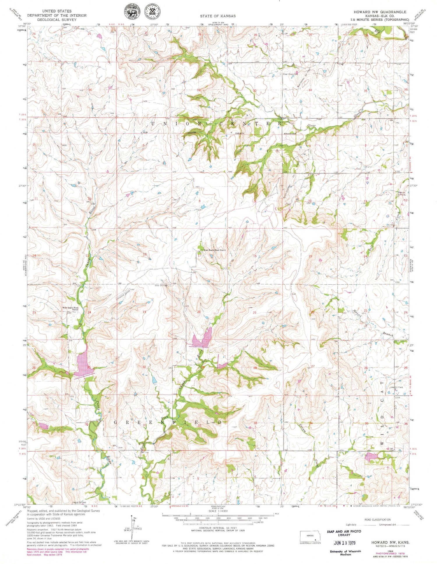 Classic USGS Howard NW Kansas 7.5'x7.5' Topo Map Image