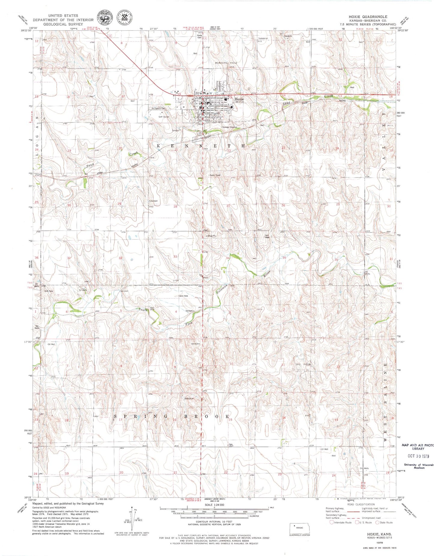 Classic USGS Hoxie Kansas 7.5'x7.5' Topo Map Image