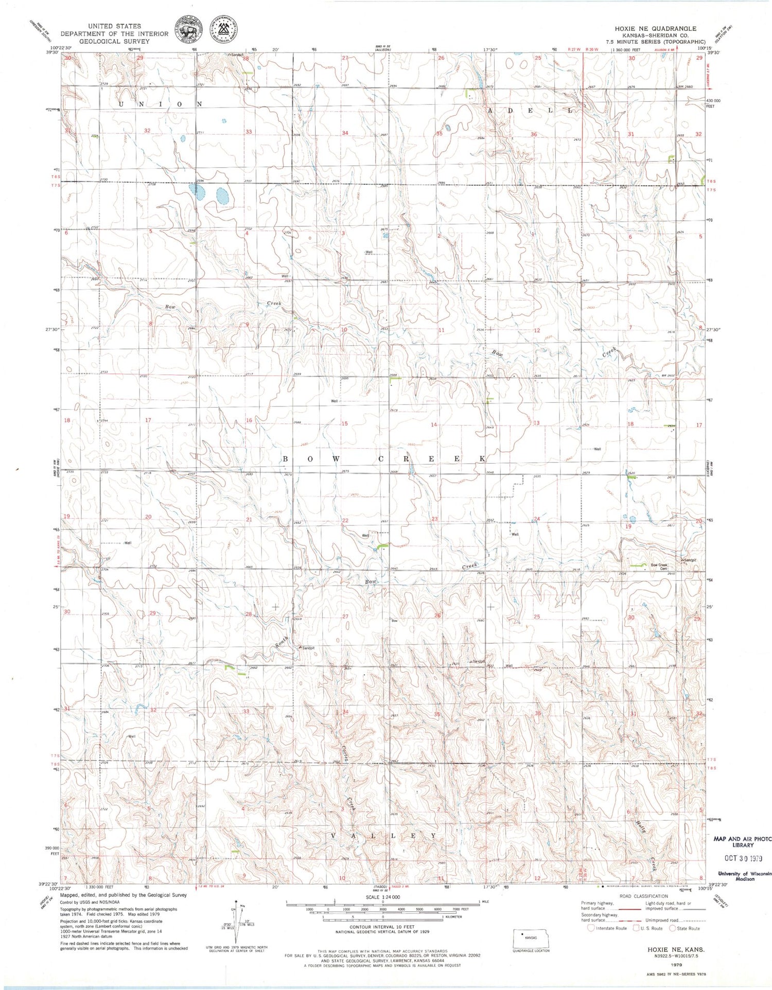 Classic USGS Hoxie NE Kansas 7.5'x7.5' Topo Map Image