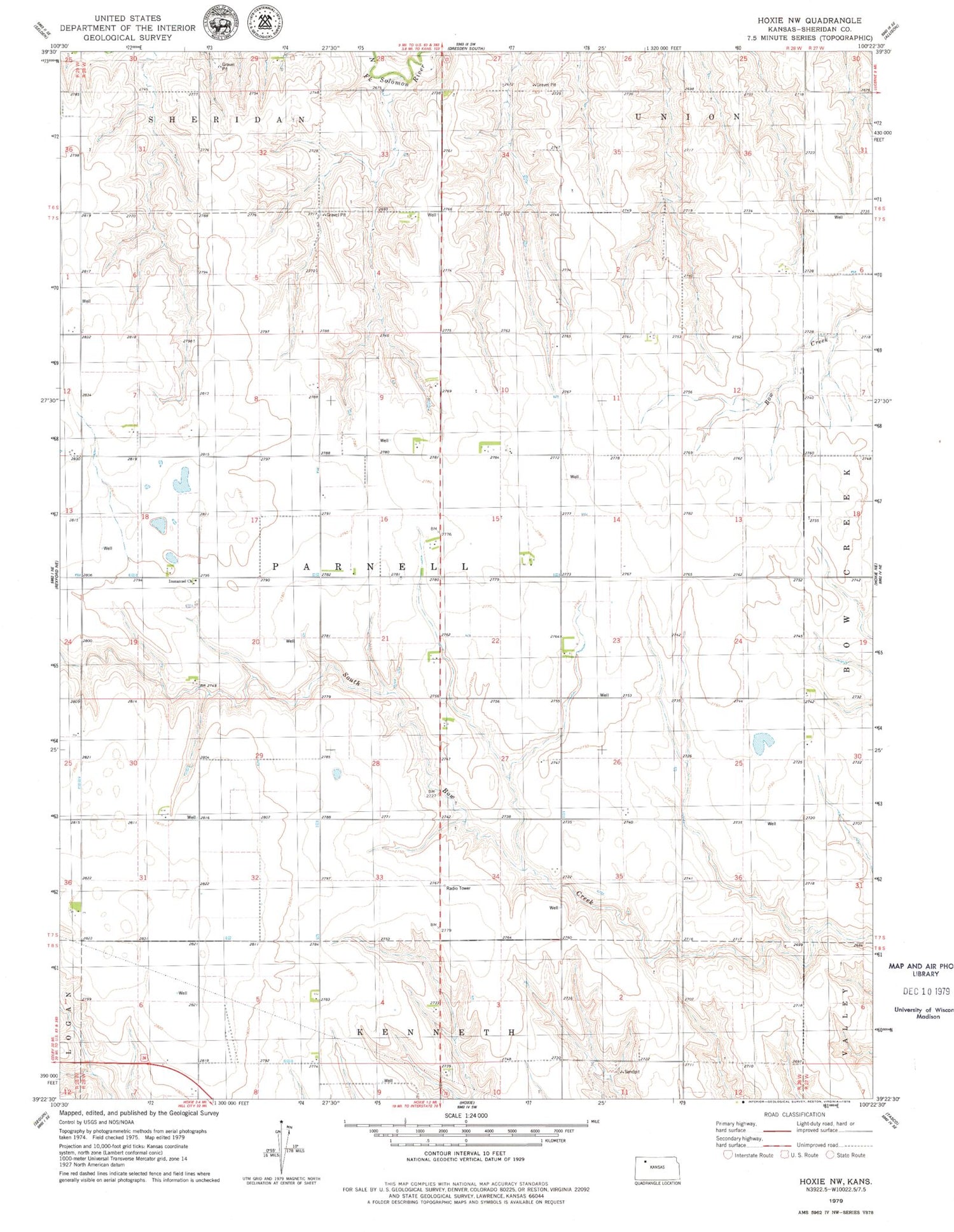 Classic USGS Hoxie NW Kansas 7.5'x7.5' Topo Map Image