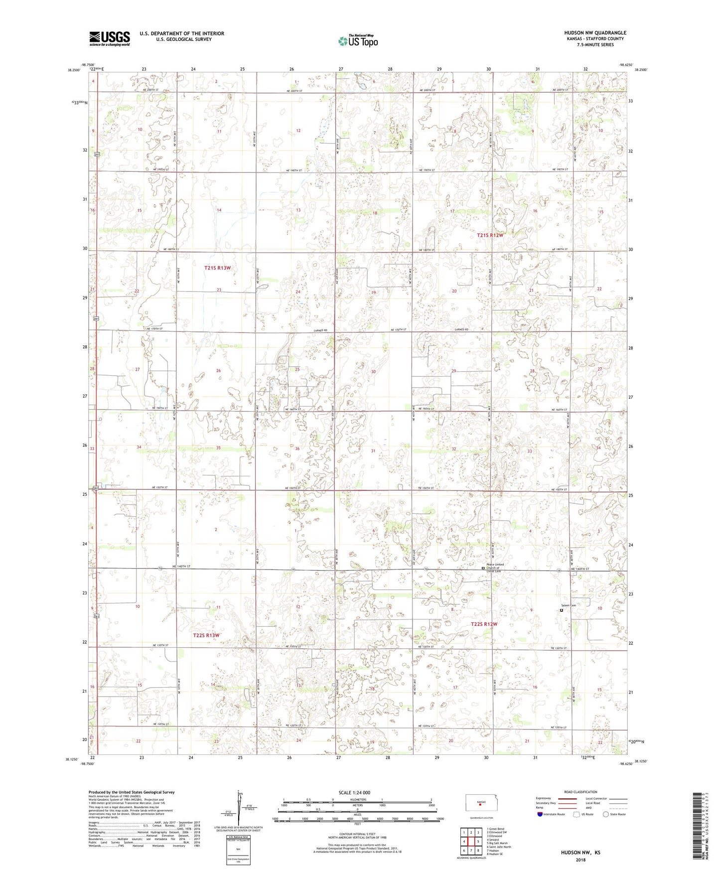 Hudson NW Kansas US Topo Map Image