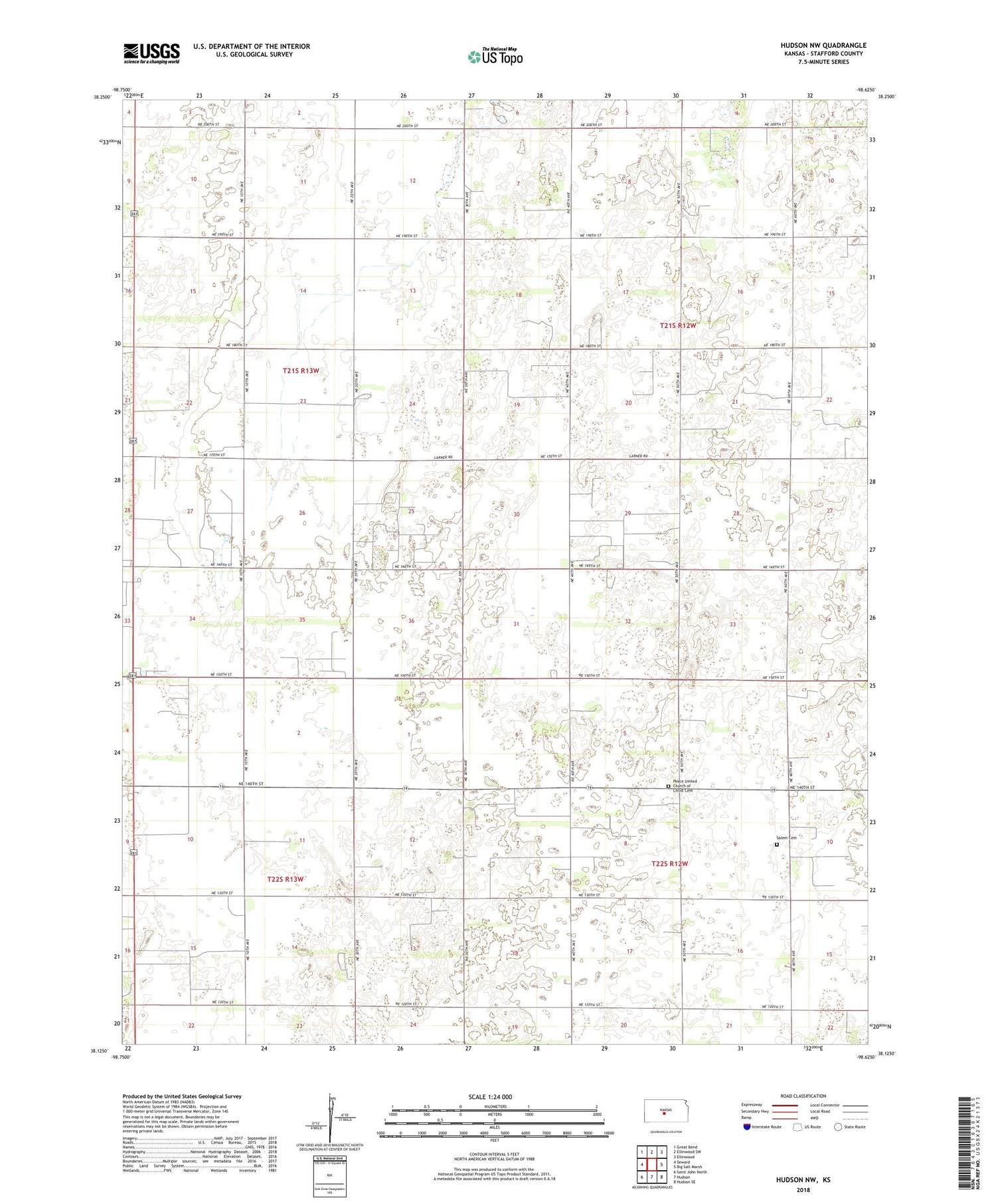 Hudson NW Kansas US Topo Map Image