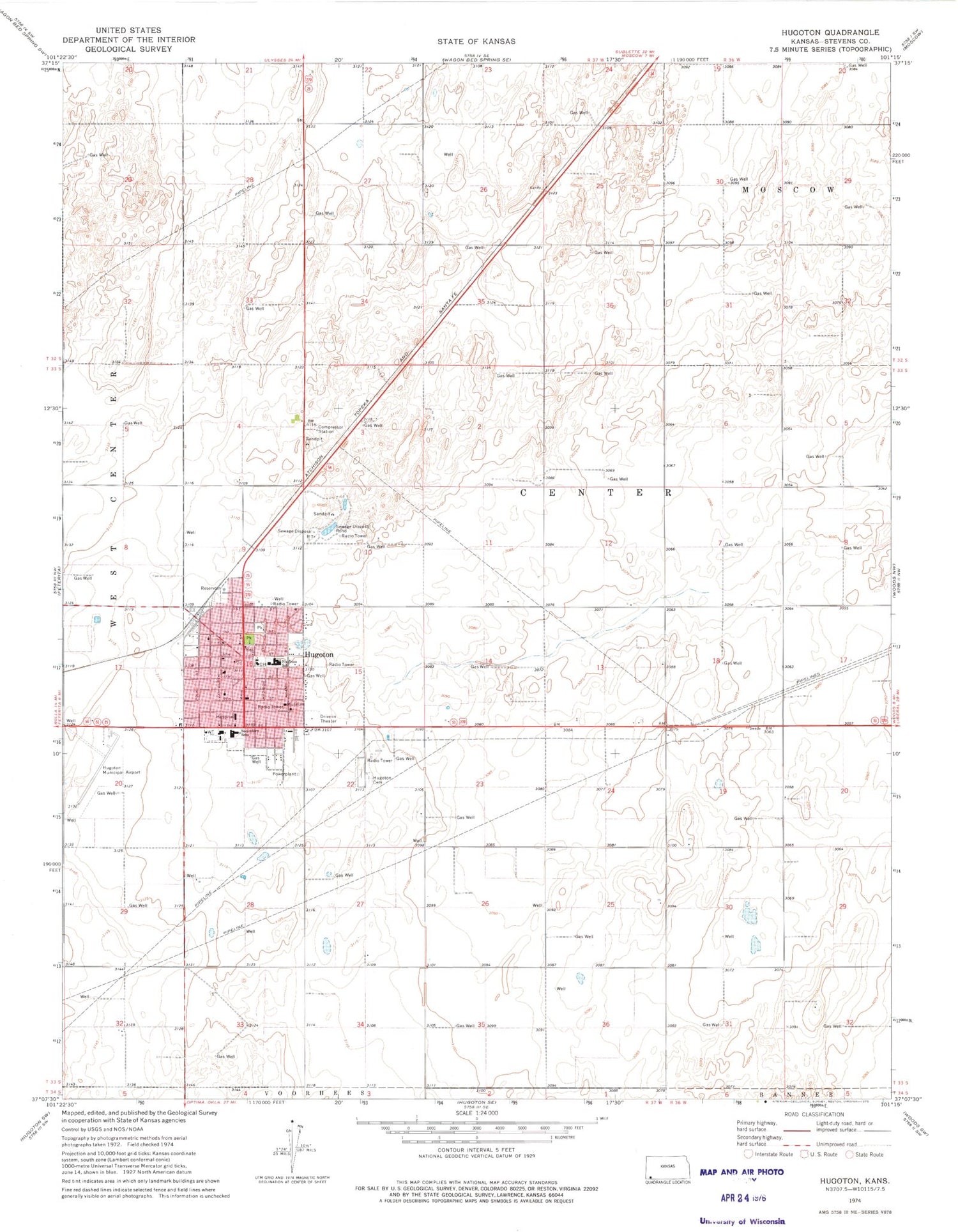 Classic USGS Hugoton Kansas 7.5'x7.5' Topo Map Image