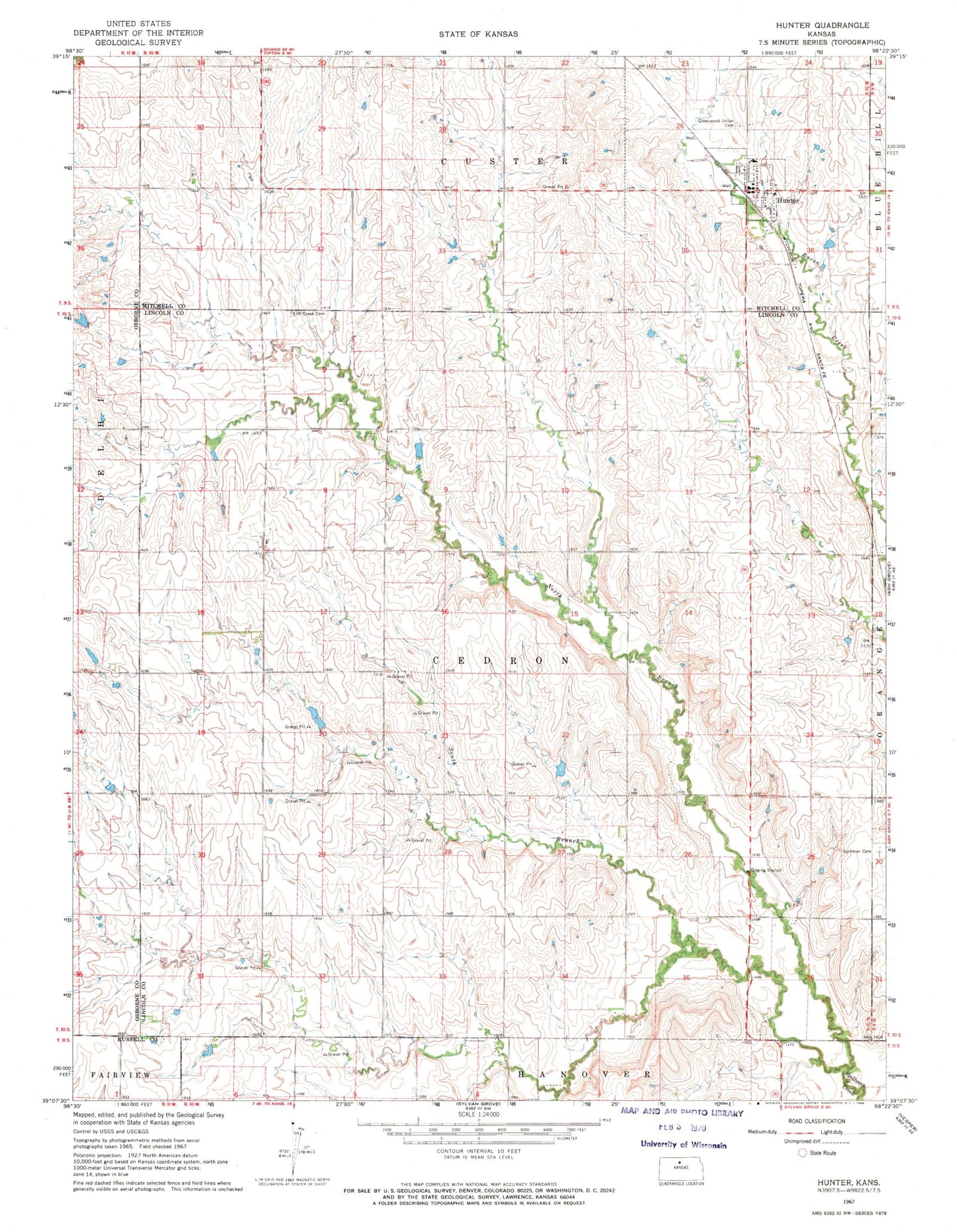 Classic USGS Hunter Kansas 7.5'x7.5' Topo Map Image
